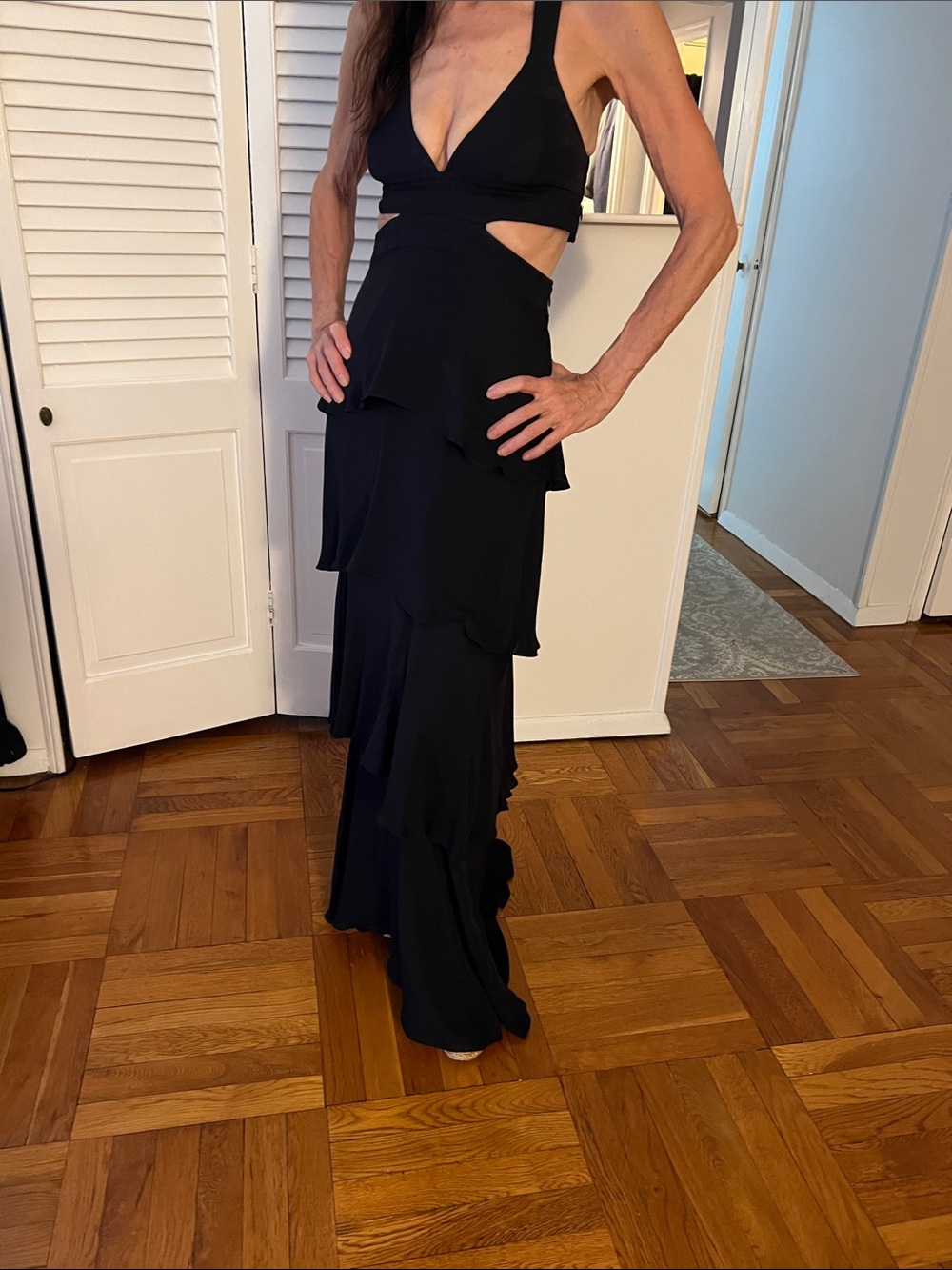 A.L.C. Designer Black Cutout Tiered Ruffle Maxi Dress Gown-